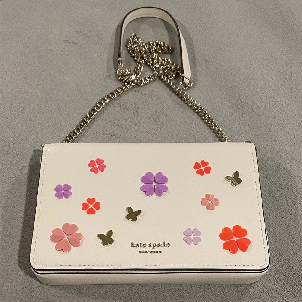 Kate Spade White Crossbody Wallet on Chain Style Bag with Floral Accents